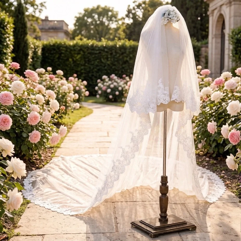 3.5M Cathedral-Length Lace Edge Wedding Veil in Ivory